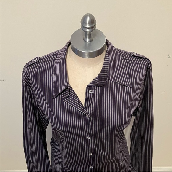 VTG Lissile Women’s Purple Stripe XXL long Sleeve Blouse Epaulette Preppy - Picture 2 of 12